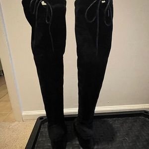 Black suede over the knee lace back boots